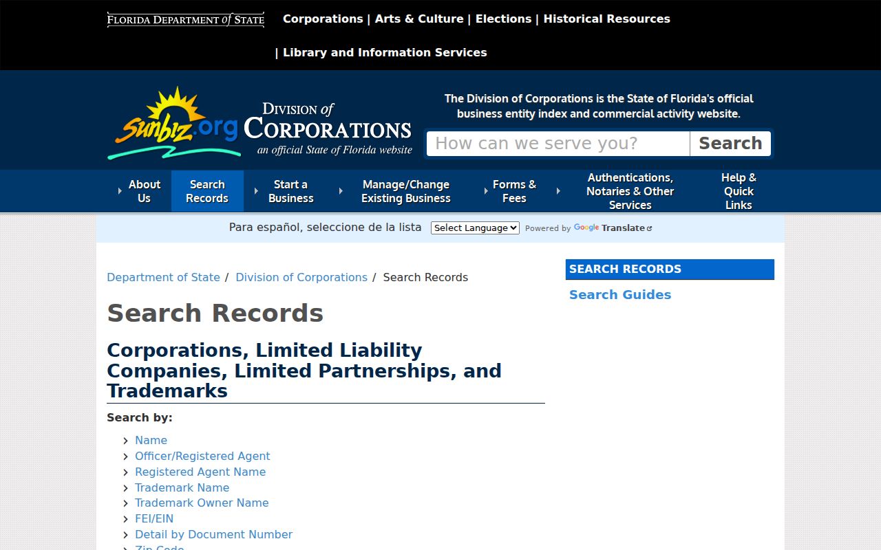 Florida Sunbiz search modes for Bonita Springs name research