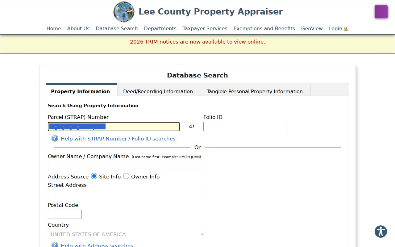 Lee County property search fields used for Bonita Springs resident research