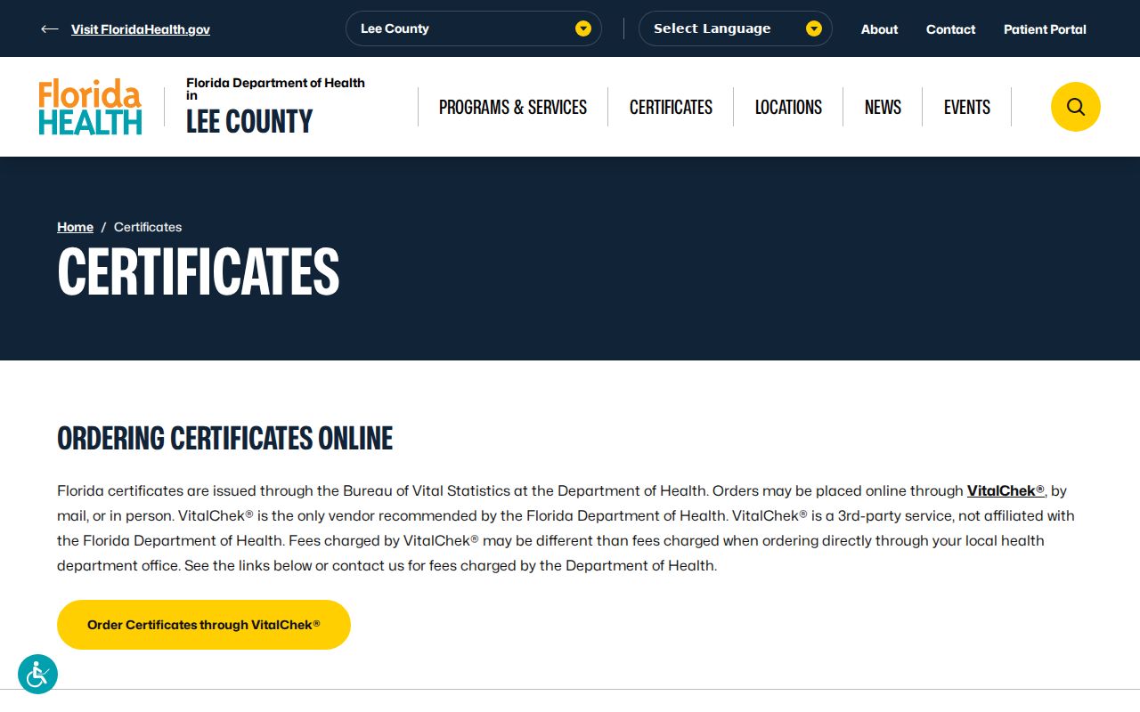 Florida Department of Health in Lee County certificate services for Bonita Springs records