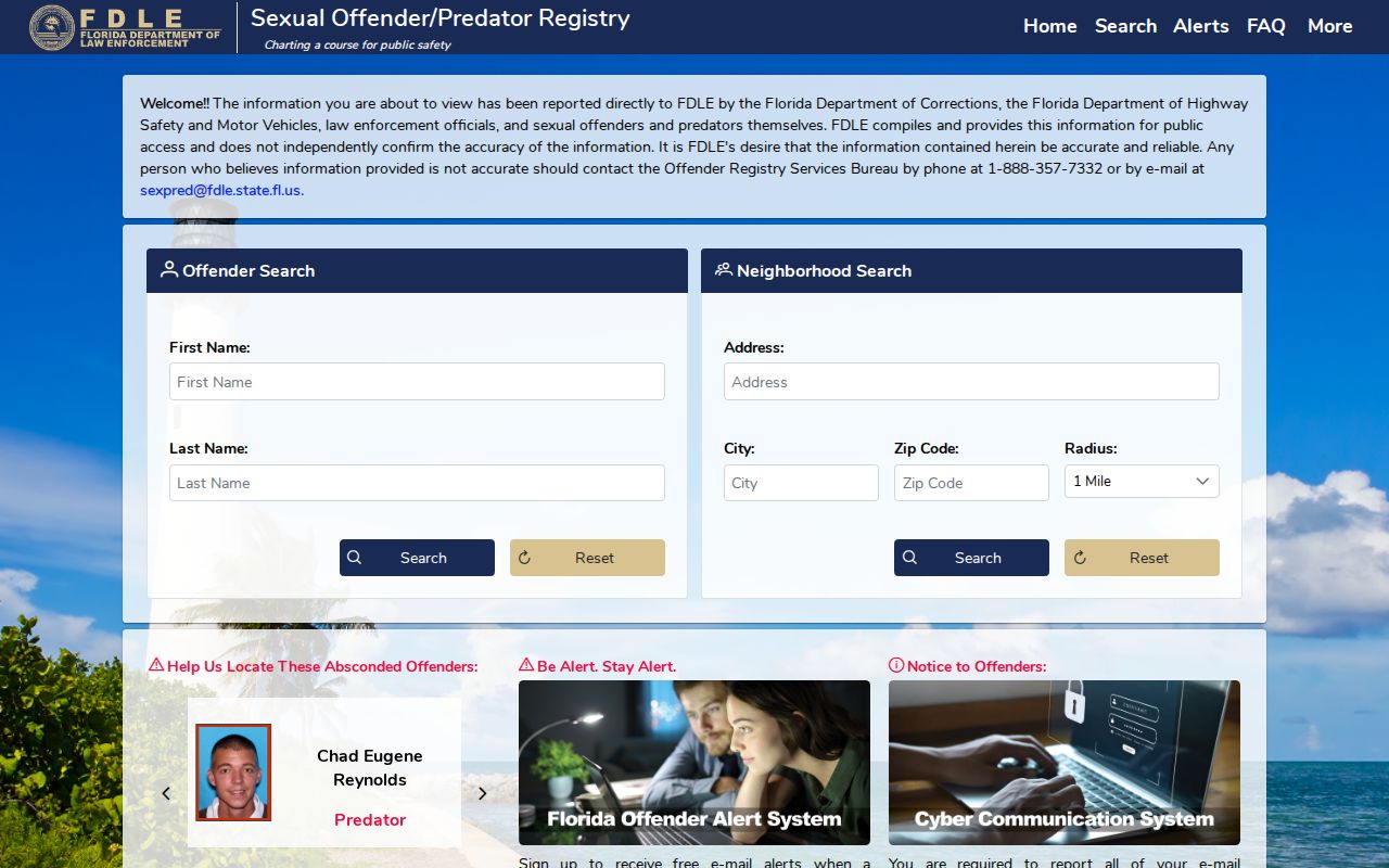 FDLE geographic search with ZIP and radius fields for Bonita Springs
